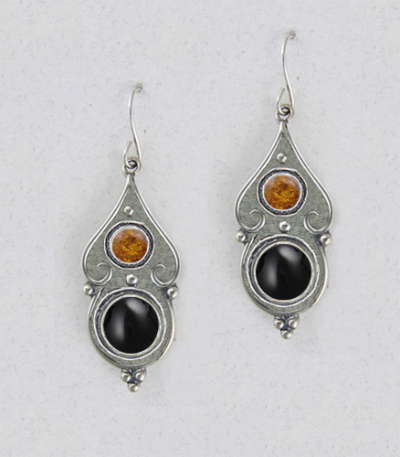 Sterling Silver Black Onyx And Amber Gemstone Drop Dangle Earrings